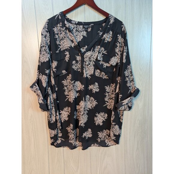 Torrid Harper Floral Shirt V Neck Rolled Sleeves Size 4X Black Polyester - Picture 1 of 7